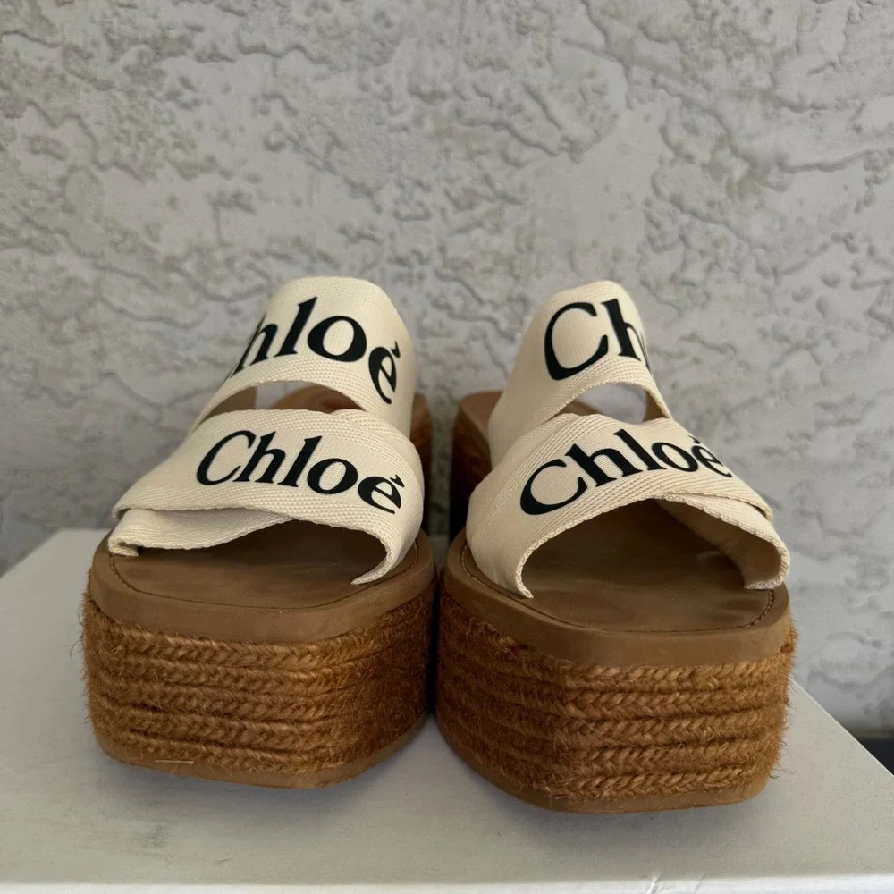 Chloe Woody Canvas Espadrilles Platform Sandals Size 41 EU‎ 10 US White x Brown